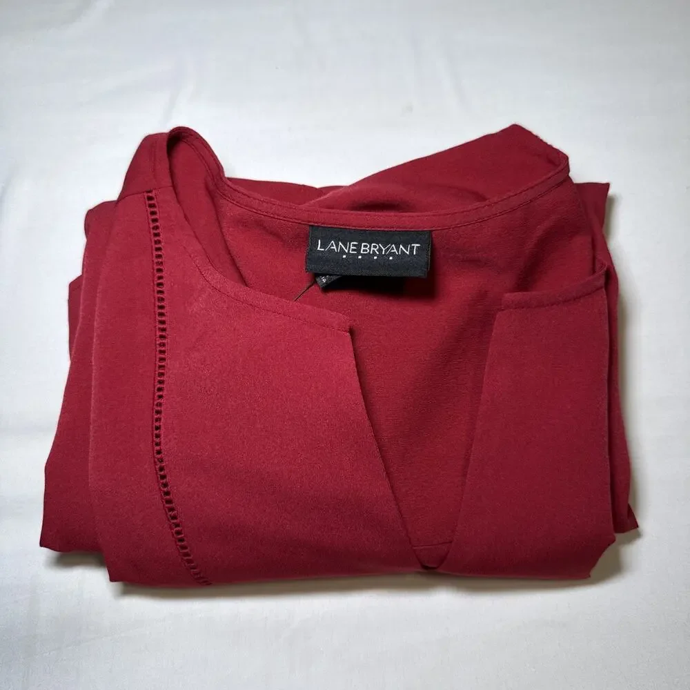 Lane Bryant Blouse Womens 18/20 Maroon Shirt Long Sleeve Embroidered Eyelet NWT